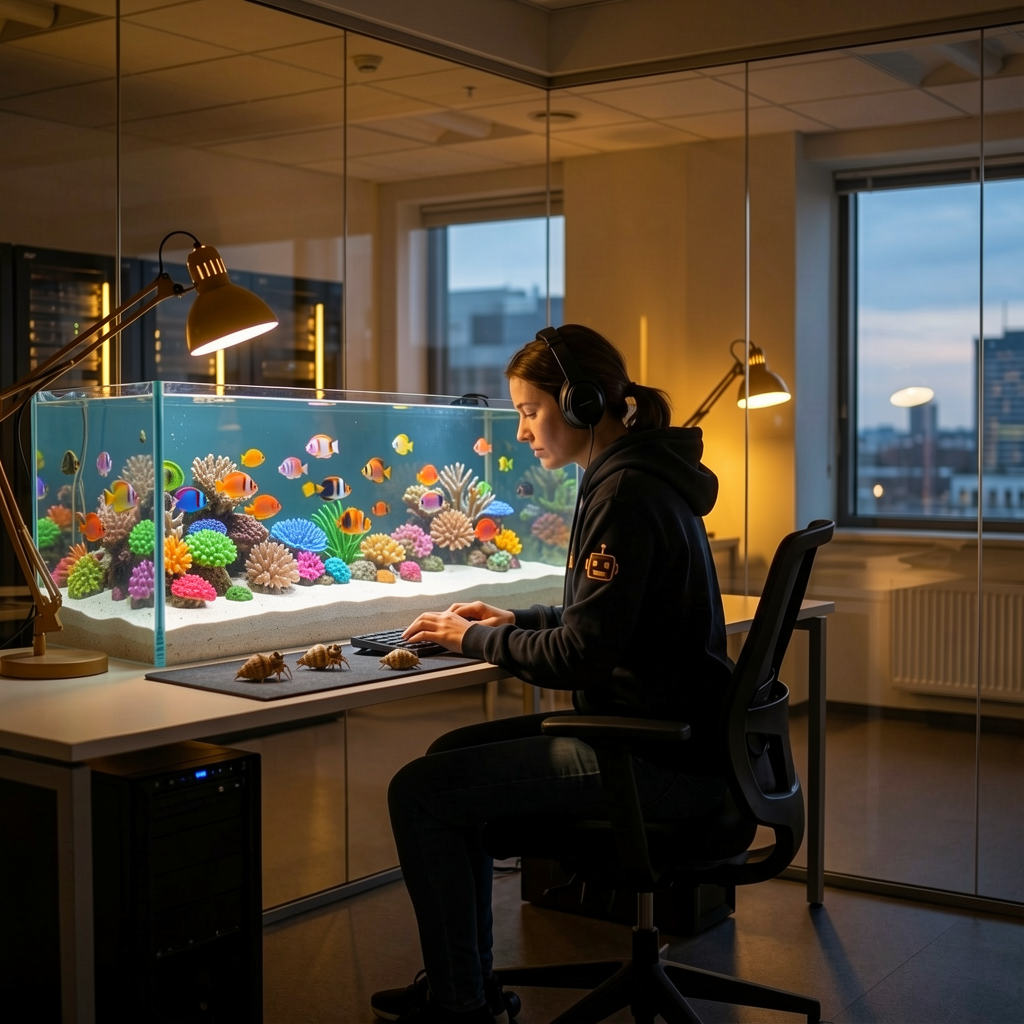 Computer monitors transformed into a tropical fish aquarium, hermit crabs on mousepad