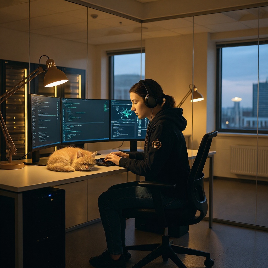 A sleeping orange tabby cat added between the monitors on the desk