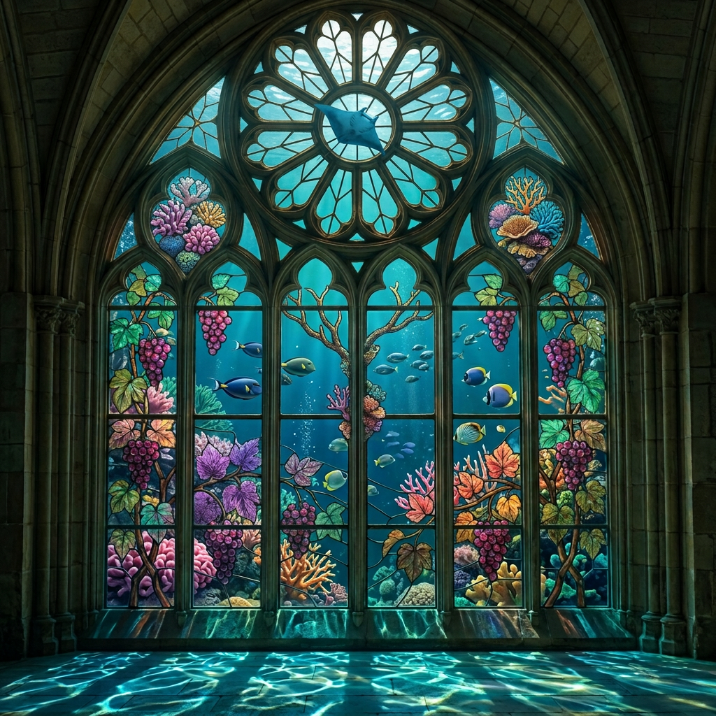 Cathedral stained glass window transformed into an underwater aquarium viewing panel