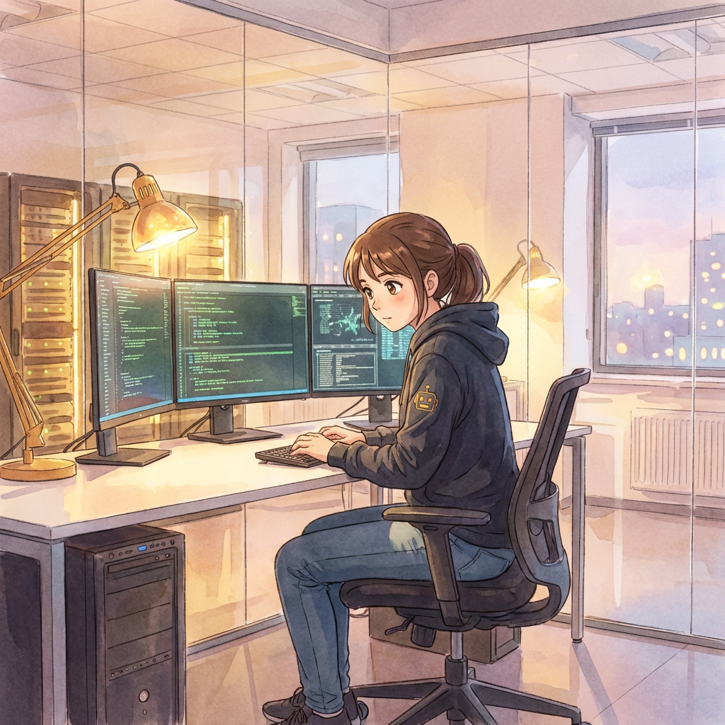 Engineer at desk converted to Miyazaki-style anime with watercolor textures