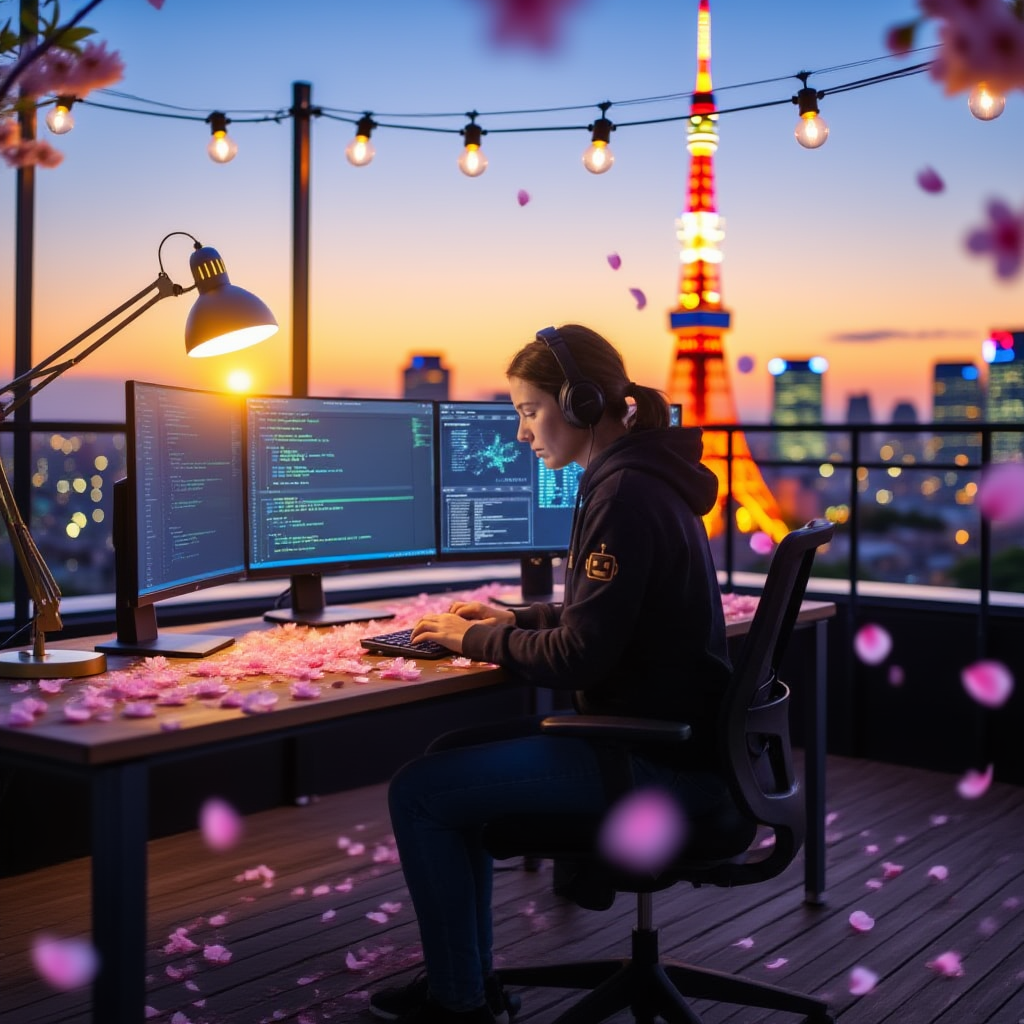 Office relocated to a Tokyo rooftop with skyline, cherry blossoms, and sunset